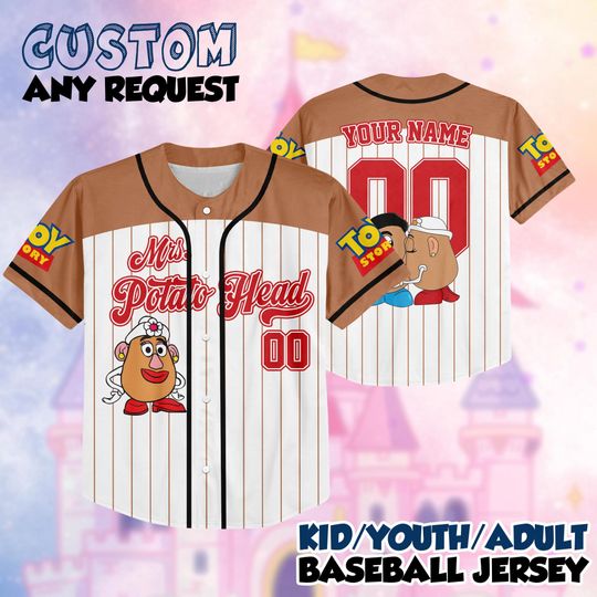 Discover Custom Disney Toy Story Mrs Potato Brown Shoulder Baseball Jersey, Personalized Name& Number, Kid Outfits, Cute Pixar Birthday, Gift For Fan