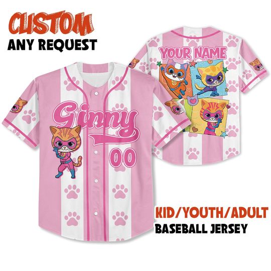 Custom Disney SuperKitties Ginny Baseball Jersey, Junior Super Kitties Ginny Sparks Buddy Bitsy Birthday Gift, Disneyland SuperKitties Trip
