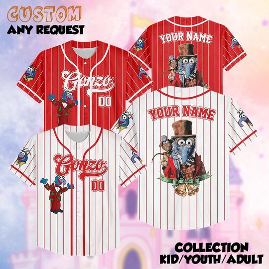 Custom Gonzo and Rizzo the Rat Muppet Christmas Carol Baseball Jersey, Retro 90s Disney Design, Perfect for Disneyland Trips