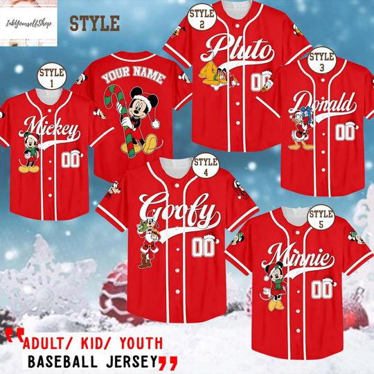 Discover Disney Christmas Baseball Jersey, Custom Name Disney Jersey, Mickey Minnie Donald Goofy Pluto Holiday Shirt, Matching Family Xmas Outfit