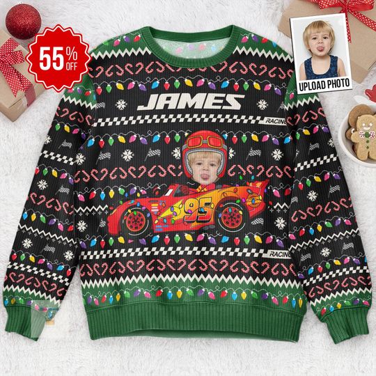 Discover Custom Face Kid Car Toy Ugly Sweater, Personalized Photo Christmas Sweater, 2025 Xmas Photo Sweater, Christmas Gift for Kids