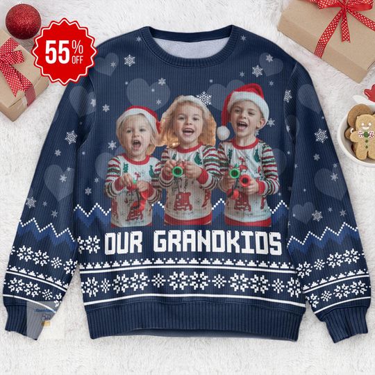 Discover Our Grandkids - Personalized Photo Ugly Sweater, Custom Image Christmas Sweater for Grandma Grandpa, Family Member Xmas Sweater Gifts