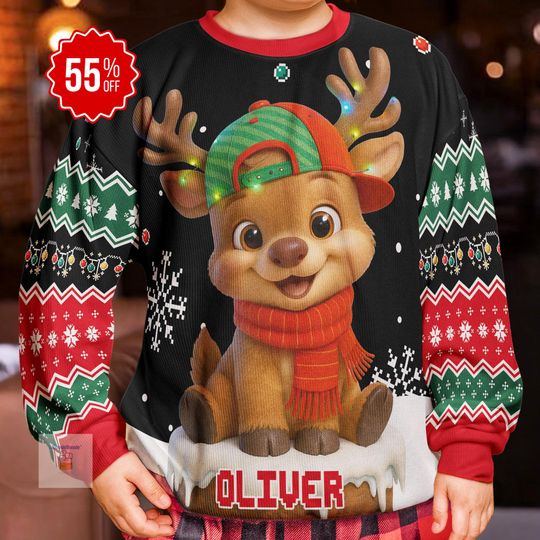 Discover Baby Reindeer Christmas - Personalized Ugly Sweater, Custom Name Reindeer Christmas Sweater, Christmas Gift, Reindeer Lovers, Family Sweater