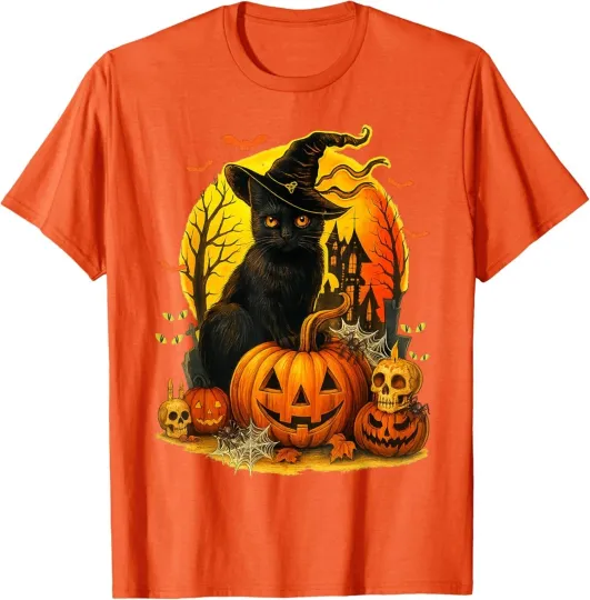 Discover Halloween Black Cat Witch and Pumpkin Unisex T-Shirt
