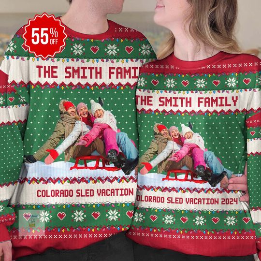 Discover Personalized Photo Family Christmas Sweater, Custom Sled Fun Sleigh Ugly Sweater, Upload Photo Ugly Sweater, Funny Christmas Family Outfit