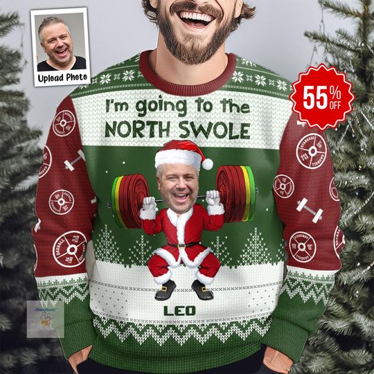 Discover Personalized Photo North Swole Christmas Sweater, Custom Weightlifting Ugly Sweater, Upload Photo Ugly Sweater,Funny Christmas Family Outfit