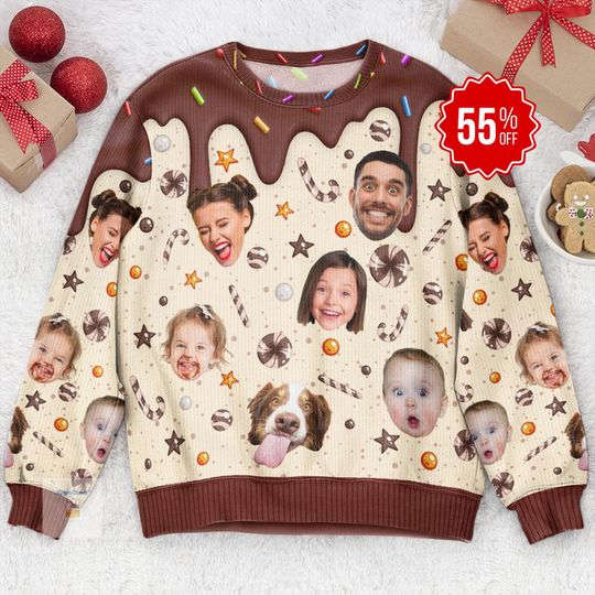 Personalized Photo Ice Cream Drip Ugly Sweater, Custom Image Christmas Sweater, Funny Face Christmas Melting, Family Xmas Sweater Gift