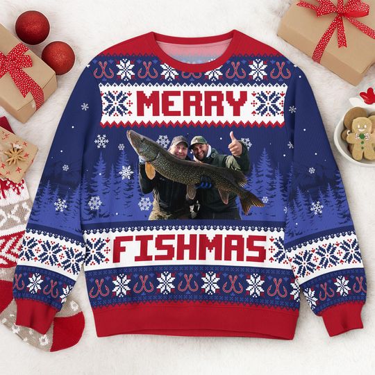 Custom Fishing Photo Ugly Sweater, Gift For Dad Family Photo Ugly Sweater Christmas Gifts Ugly Sweater, Go Fishing Lover, Merry Fishmas
