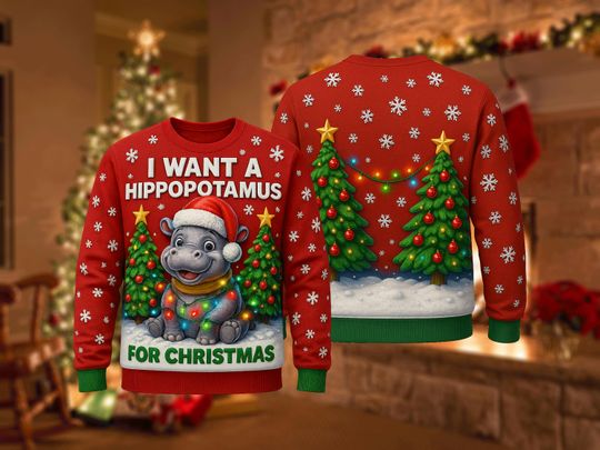 Ugly Christmas Sweater Hippo, Funny Hippopotamus Xmas Sweatshirt, Holiday Party Outfit, Cute Animal Winter Gift Pullover