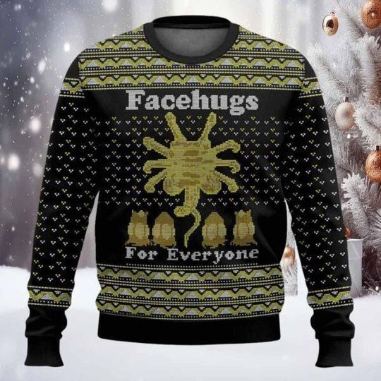 Discover Alien Facehugger Ugly Sweater, Facehugs For Everyone Sweater, Retro Horror Movie Sweater, Alien Movie Fan Merch Shirt, Alien Xmas Gift