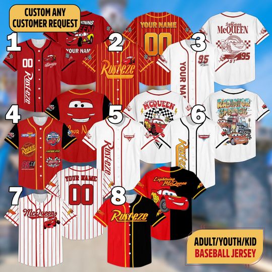 Discover Custom Lightning Mcqueen Baseball Jersey, Cars Lightning Mcqueen Team Jersey Collection, Disney Cars Cartoon Gifts For Fan, Birthday Gifts