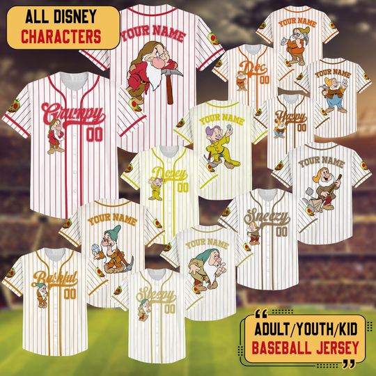 Discover Personalized Disney Seven Dwarfs Baseball Jersey, Snow White Baseball Shirt, Disneyland Halloween Trip Family Costume Matching Tee
