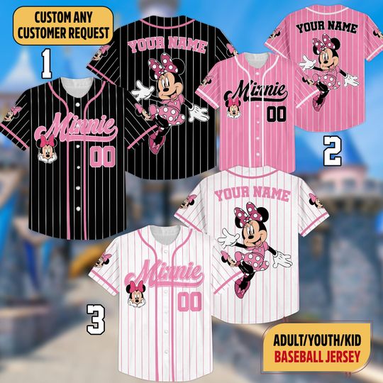 Custom Minnie Mouse Matching Striped Baseball Jersey, Disneyland Family Matching Jersey