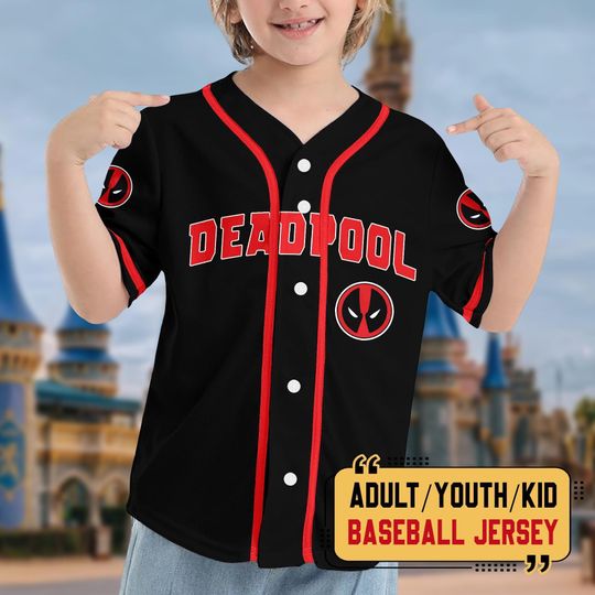 Discover Personalized Deadpool Black Red Baseball Jersey, Custom Wolverine And Deadpool Jersey, SuperHero Sport Themed Shirt, Marvel Matching Jersey