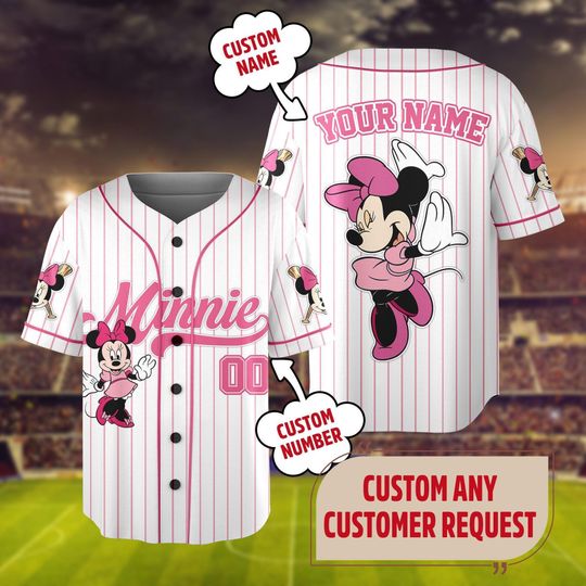 Custom Minnie Pink Bow Baseball Jersey, Mickey and Friends Baseball Shirt Sports