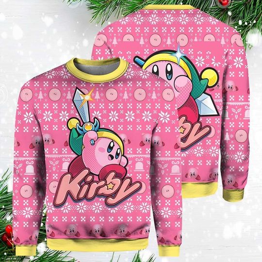 Discover Cute Pink Hungry Kirby Ugly Christmas Sweater, Kirby Santa Claus Sweater, Video Game Christmas Ugly Sweater, Gaming Xmas Gift