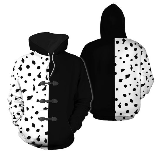 Cruella de Vil Cosplay Hoodies, Disney Villian Women Leggings, Dalmatian 3D Halloween Outfits, Black White Outfit for Costume Party