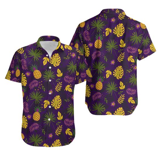 Tropical Hawaiian Shirt, Purple Pineapple and Palm Leaf Hawaiian Shirt