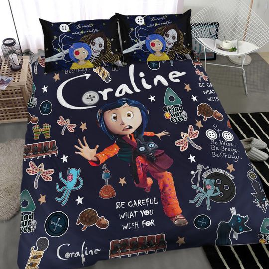 Halloween Coraline Bedding Set, Coraline Doll Duvet Cover, Spooky Movie Bed Set, Coraline Button Eyes Gift, Horror Characters Decor