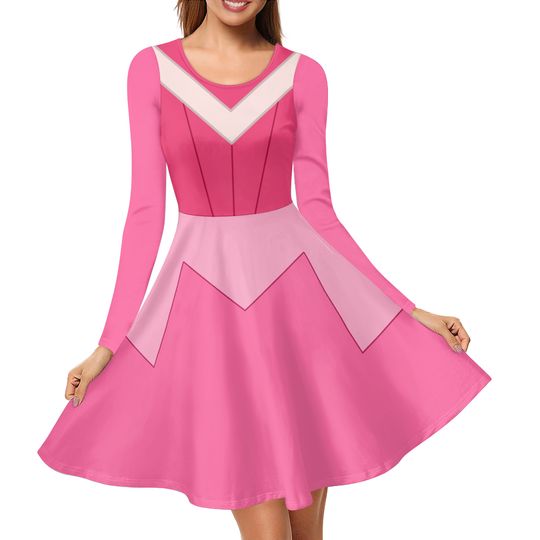 Pink Aurora Sleeping Beauty Inspired Long Sleeve Skater Dress | Halloween | Cosplay | Women's Clothing