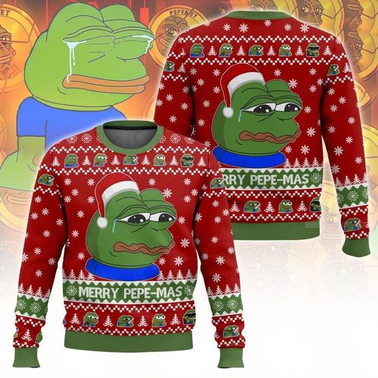 Christmas Sad Pepe The Frog Meme Sweater, Merry Pepe Mas Ugly Sweater, Frog Smirking Xmas Sweater, Frog Santa Hat Merry Holiday Sweater