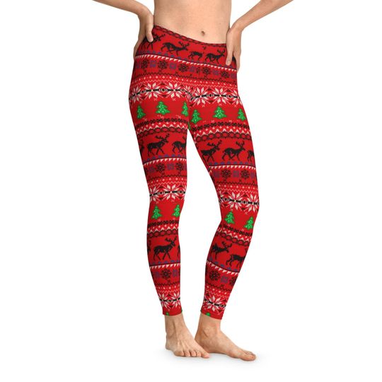 Discover Christmas Leggings, Ugly Holiday Party Pants, Festive Workout Leggins, Reindeer & Tree Pattern, Christmas Outfit. Long Live Christmas pants