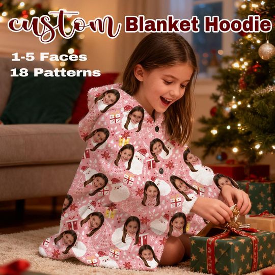 Personalized Photo Wearable Blanket Hoodie with Pocket Custom Face Flannel Cape Cozy Gift for Christmas