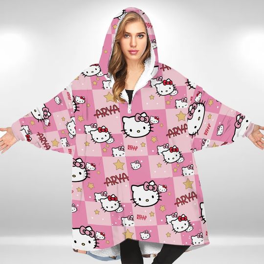 Vintage Kitty Cat Anime Blanket Hoodie, Cat Anime Hoodie, Lover Hello Kitty Blanket Hoodie, Halloween Hoodie, Gift For Fan.