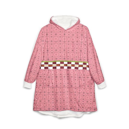 Discover Anime Hooded Fleece Blanket Hoodie Pink Checkered Bamboo Pattern Cozy Wearable for Otaku Fans Teens and Adults Unisex