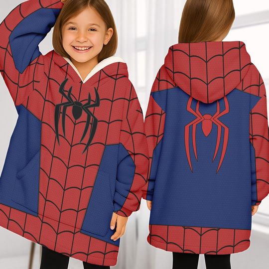 Spider-Man Christmas Blanket Hoodie, Disney Spiderman Hoodie With Pocket, Marvel Movie Costume, Fun Spidey Shirt, Superhero Kid Outfit