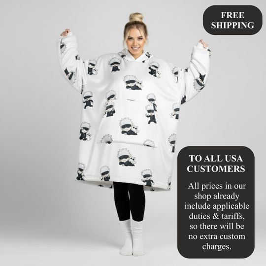 Oversized Hooded Snuggle Blanket in Gojo Satoru Pattern | Jujutsu Satoru Wearable Warm Kids Hooded Blanket with Hood and Sleeves