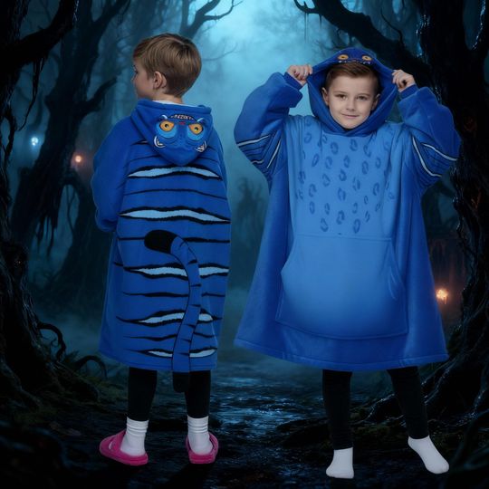 Blue Tiger Costume Blanket Hoodie, Oversized Tiger Cosplay Hoodie, Kpop Animal Cosplay Outfit, Funny Halloween Gift, Unisex Plush Hoodie