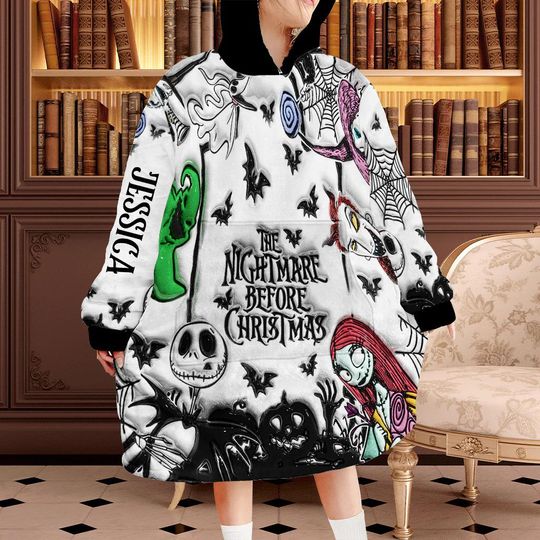 Discover Christmas Nightmare Personalized Blanket Hoodie, Jack Sally Gothic Couple Inflated Hooded Blanket with Pocket