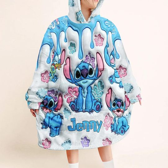 Ohana Means Family Personalized Ohana Blanket Hoodie, Blue Monster Inflated Hooded Blanket with Pocket, Cute Cartoon Hoodie