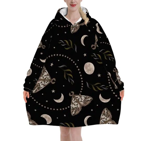 Gothic Whimsical Oversized Blanket Hoodie  Fluffy Moth and Moon Wearable Blanket with Sleeves & Pocket