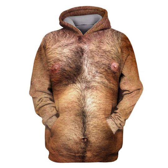 Discover Funny Hairy Chest Hoodie, Realistic Torso 3D Print Sweatshirt, Gag Gift Costume Pullover, Novelty Halloween Outfit for Men