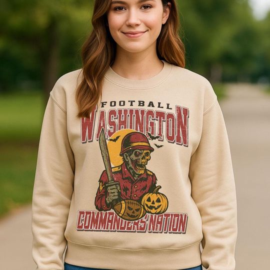 Discover Vintage Style Washington Spooky Sweatshirt | Commanders Nation Halloween Football Shirt | Spooky Crow Pumpkin Shirt | Fall Sports Fan Gift