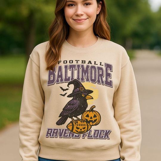 Discover Vintage Style Baltimore Spooky Sweatshirt | Ravens Flock Halloween Football Shirt | Spooky Crow Pumpkin Shirt | Fall Sports Fan Gift