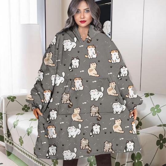 Discover Funny Black Cat Fleece Blanket Hoodie, Cute Black Cat Hoodie, Lover Black Cat Blanket Hoodie, Halloween Hoodie, Gift For Fan.