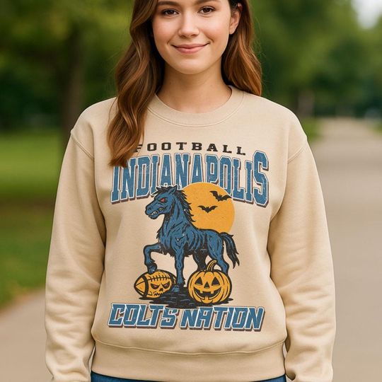 Discover Vintage Style Indianapolis Spooky Sweatshirt | Colts Nation Halloween Football Shirt | Spooky Crow Pumpkin Shirt | Fall Sports Fan Gift