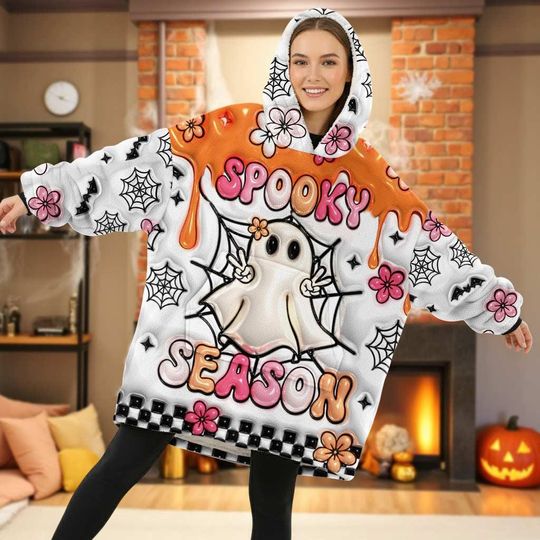 Discover Spooky Vibe Print 3D Effect Blanket Hoodie, Ghost Pumpkin Print 3D Blanket Hoodie, Halloween Blanket Hoodie, Trick Or Treat Halloween Gifts
