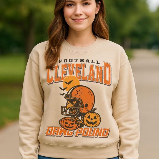 Discover Vintage Cleveland Spooky Sweatshirt, Halloween Football Sweatshirt, Spooky Crow Pumpkin Sweatshirt, Fall Sports Fan Gift