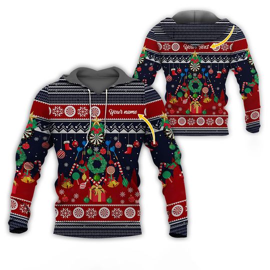 Personalized Christmas Hoodie with Darts Design, Custom Name Ugly Xmas Zip Up Sweatshirt, Funny Holiday Outfit & Gift for Dart Players
