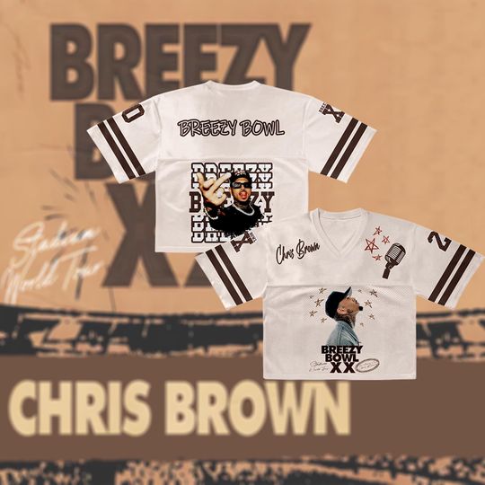 Discover Chris Brown Croptop Mesh Football Shirt, R&B Concert Merch Brown Breezy Bowl XX Tour 2025 Jersey For Girl Fans Gift