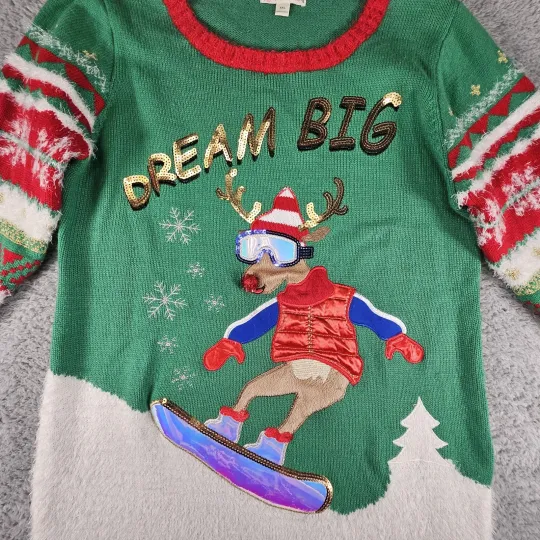 Discover Dream Big Christmas Sweater Womens 2XL Skiing Holiday Ugly Embellished Holiday