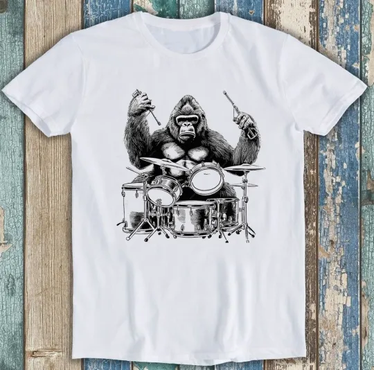 Discover Gorilla Playing Drum Monkey Drummer Monster Movie Funny Gift Tee T Shirt 1857