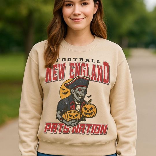 Discover Vintage Style New England Spooky Sweatshirt | Pats Nation Halloween Football Shirt | Spooky Crow Pumpkin Shirt | Fall Sports Fan Gift
