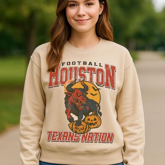 Discover Vintage Style Houston Spooky Sweatshirt | Texans Nation Halloween Football Shirt | Spooky Crow Pumpkin Shirt | Fall Sports Fan Gift