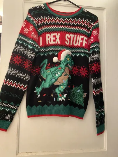 Discover Ugly Christmas Sweater Funny  "I Rex Stuff"    T-Rex Dinosaur Size Small