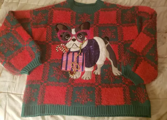 Ugly Christmas Dog Bling Holiday Sweater Sz M 8-10 Xmas (Vtg) Boston Terrior